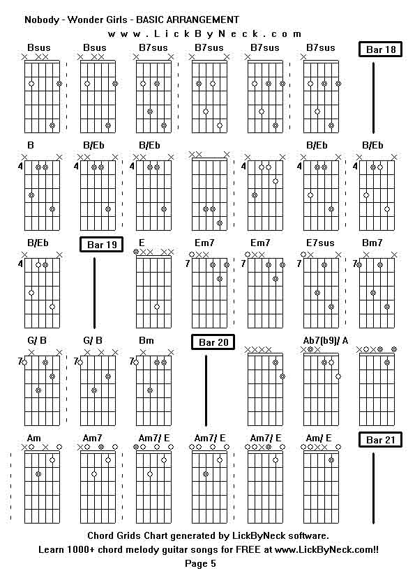 Chord Grids Chart of chord melody fingerstyle guitar song-Nobody - Wonder Girls - BASIC ARRANGEMENT,generated by LickByNeck software.